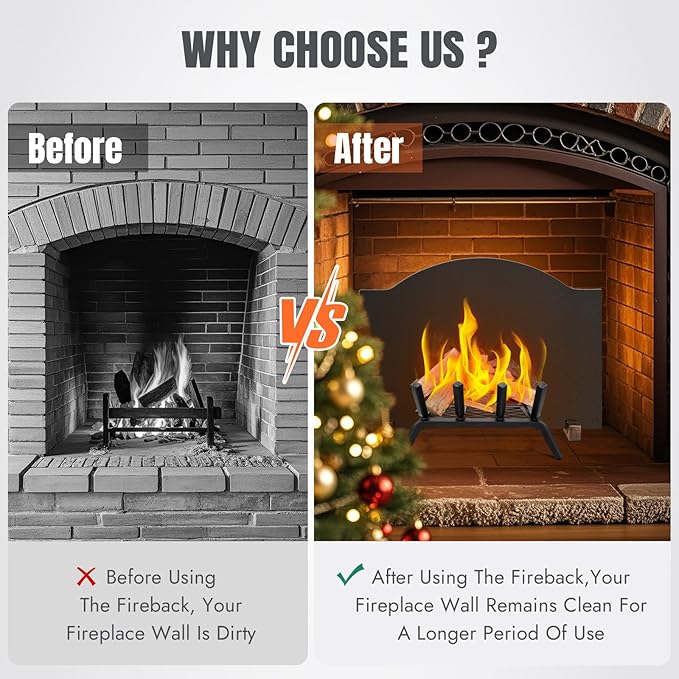 INNO STAGE 24" Fireplace Back Plates - Iron Fireback with Feet, Fireplace Wall Protection, Fireplace Heat Reflect, Black