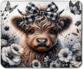 Dark Floral Highland Cow Mouse Pad, Cute Western Baby Highland Cow Heifer with Black Plaid Bow Mouse Pads Mousepad for Work Gaming Computers Laptop Desk Accessories, 9.5x7.9 Inch