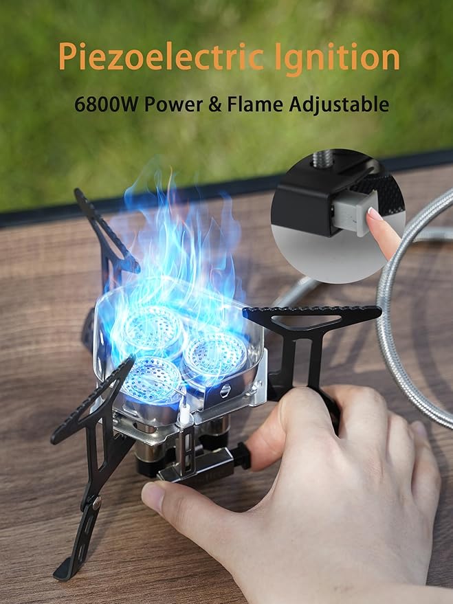 ONLYFIRE OUTDOOR LIVING Portable Camping Gas Stove 6800W, Small Backpacking Stove with Propane Gas Adapter, Mini Foldable Camp Stove with Carry Bag for Picnic Camping Hiking Emergency Use, GS334-2A