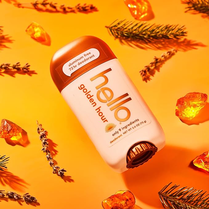 hello Golden Hour Aluminum Free Deodorant for Women and Men, 72-Hour Deodorant, Only 9 Ingredients, Baking Soda Free, Enriched with Shea Butter, Vegan, 2.6 oz Stick Deodorant (2 Pack)