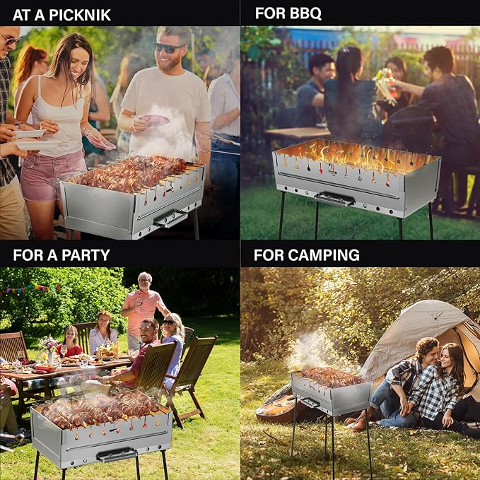 Stainless Steel Charcoal Grill for 8 Skewers – Portable BBQ 16.93"×9.45"×16.93" – Foldable Kabob Mangal – Rustproof Shish Kebab Grill for Outdoor Cooking (Skewers Not Included)