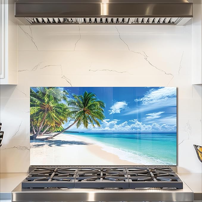 fzxwyishu Tempered Glass Backsplash for Kitchen,Stove Splashback Protector Beach Scenery Design | Heat-Resistant Splash Board, Kitchen Wall Decoration (Art Deco 2, 30"x16"(76.2x40.64cm))