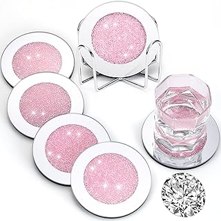 Jetec Mirrored Glass Coaster Set of 6 with 1 Holder 4" Crushed Diamond Round Cup Mat Glitter Crystal Rhinestone Glass Coaster Bling Table Decor for Bar Kitchen Gift for Christmas(Pink,4 Inch)