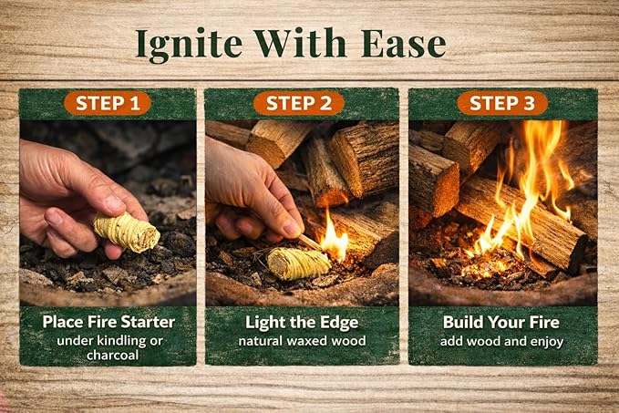 PeakSpark Natural Fire Starters – 100 Wax-Infused Wood Fiber Fire Starter Sticks for Camping, BBQ, Fire Pits, Fireplaces & Wood Stoves | Easy to Light, Smokeless, Long-Burning, Eco-Friendly.