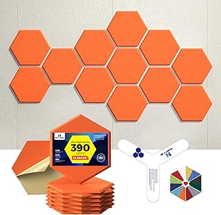 Self-Adhesive Acoustic Panels [390 lbs/yd³ Ultra-High Density], 2nd Generation Sound Absorbing Panel, Professional Level Sound Panel, Polyester Soundproof Foam [Large Hexagon, Orange]