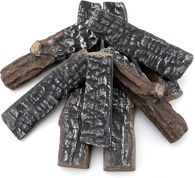 Skyflame 8 Small Piece Set of Ceramic Wood Logs and Accessories for All Types of Indoor Gas Inserts, Ventless & Vent Free, Propane, Gel, Ethanol, Electric or Outdoor Fireplaces & Fire Pits