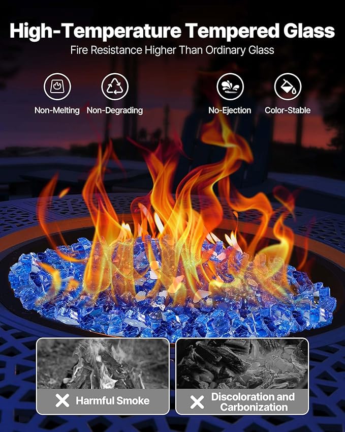 VEVOR Fire Glass, 35 lbs, Cobalt Blue, 1/2 Inch High-Temperature Resistant Reflective Glass Rocks, Smokeless Fire Pit Stones for Outdoor Table & Landscaping