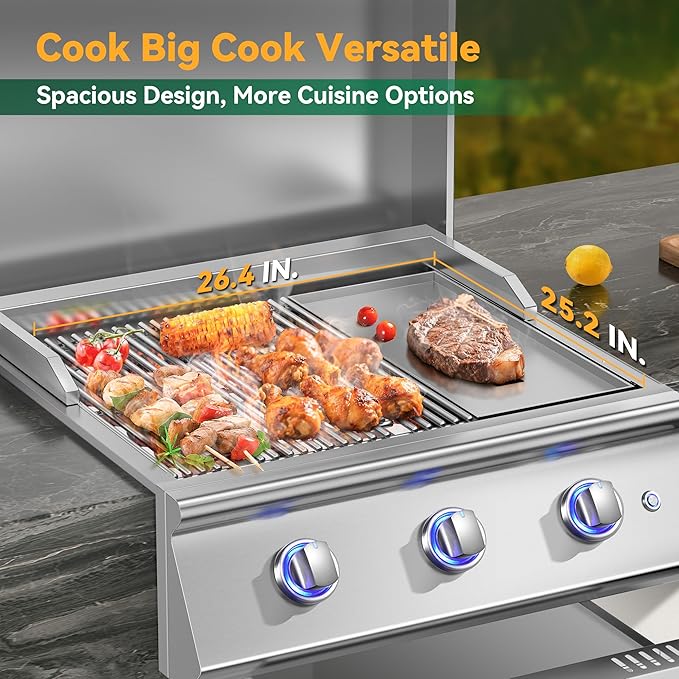 Livory 26 Inch BBQ Head Griddle Grill Combo for Outdoor Kitchen, Natural Gas Built-in Grills for Barbecue Island, 3-Burner, 3 * 14,000 BTU, Premium 304 Stainless Steel, Convertible to Liquid Propane
