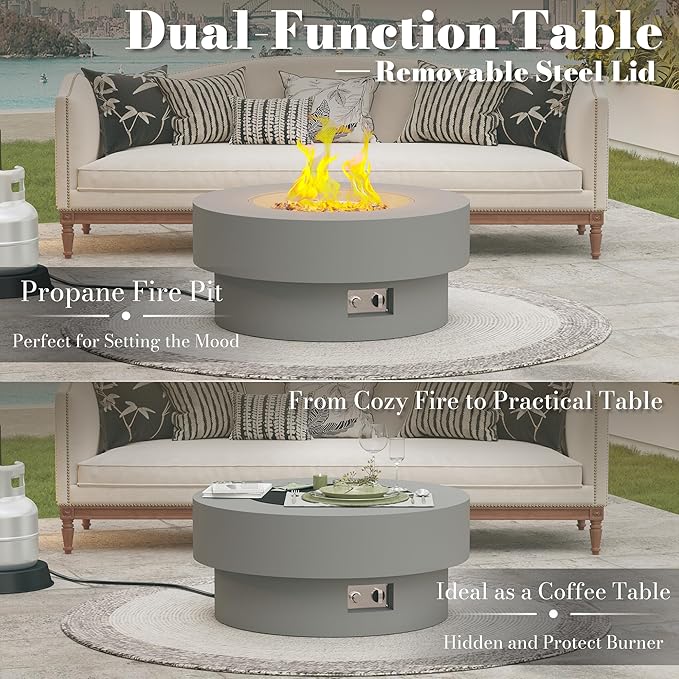 32.5 Inch Propane Fire Pit Table, 50,000 BTU Round Patio Fire Pit Table Outdoor, CSA Certified, Stainless Burner with Steel Lid, Waterproof Cover & Lava Rocks, for Garden Backyard, Gray