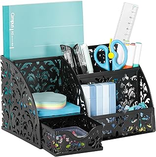 EasyPAG Desk Organizer and Pen Holder for Desk, Mesh Office Supplies Storage Caddy with Drawer for Small Space, Desktop Organizer for Home Office, Black
