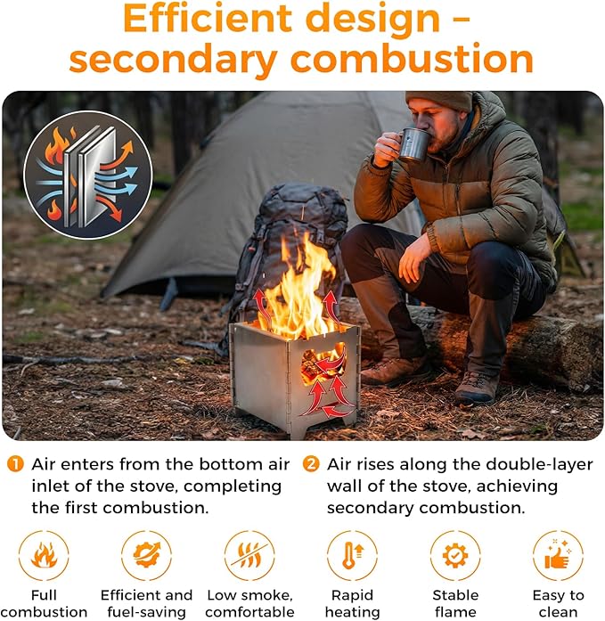 COOK'N'ESCAPE Portable Wood Burning Stove, Foldable Stainless Steel Camp Burner with Titanium Grill Plate and Ash Tray, Secondary Combustion Survival Gear for Hiking Outdoor Tent Camping Picnic BBQ