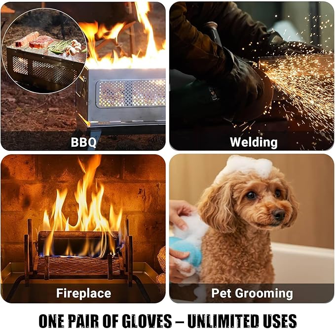 16-Inch Leather Firewood Gloves - Double Layer Full Lining with Fireproof Thread Stitching - for Smokeless Fire Pit Outdoor Cooking, Welding, Bite & Scratch Proof Against Pets - Black, G0301