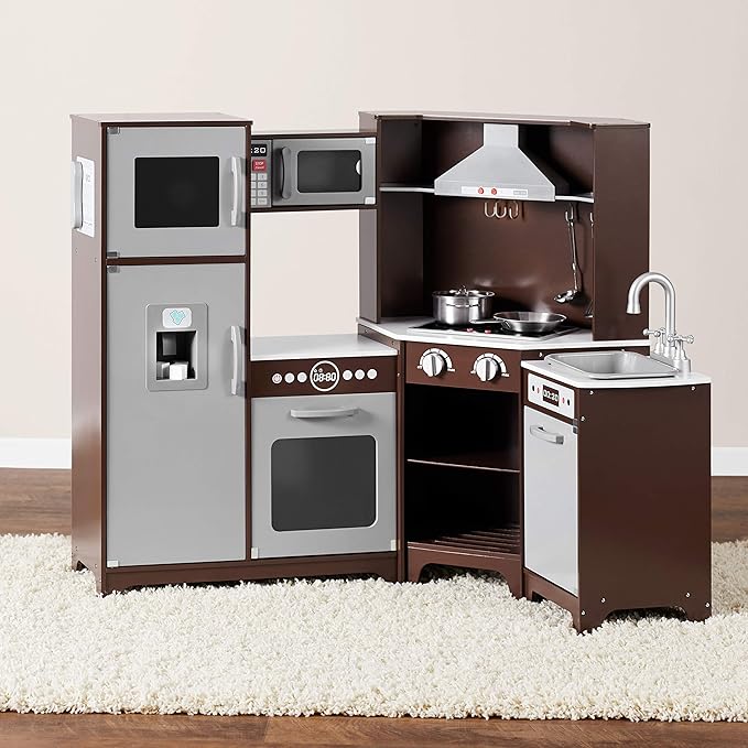 Amazon Basics Kids Corner Interactive Wooden Play Kitchen Set, Stove, Oven, Sink, Fridge and Accessories for Toddlers, Preschoolers, Children Age 3+ Years, Espresso/Gray, 39.37"L x 28.35"W x 35.04"H
