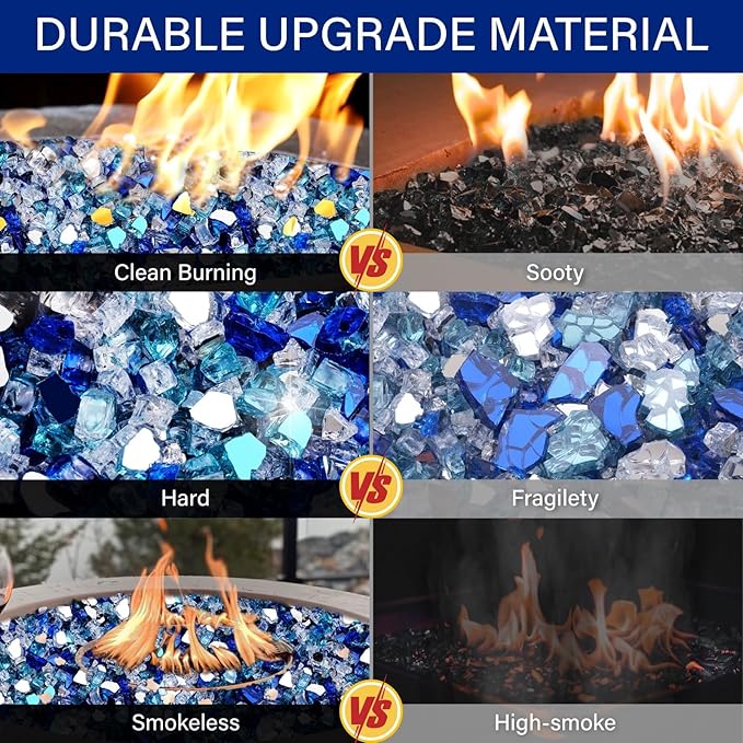 NUPICK 10 Pound Fire Glass for Fire Pit, 1/2 Inch Tempered Mixed Fire Glass in Bahama Blend for Propane Fire Pit & Gas Fireplace, Blue and White Fire Glass Rock