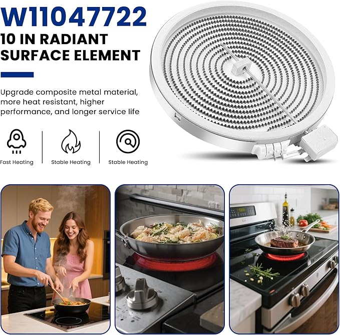 10In W11047722 8523692 W10248262 Single Radiant Surface Heating Element Fit for Whirl-pool, Ken-more, May-tag, Replaces PS11775308 4461933 AP6041999 Range Stove Burner Surface Element By Fetechmate