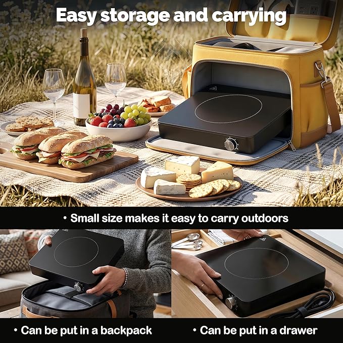 Portable Single Burner Electric Cooktop, 1200W 110-120V Countertop Hot Plate with Knob Control & 6 Power Levels, Black Crystal Glass Surface, Compatible with All Cookware, for Home Camping