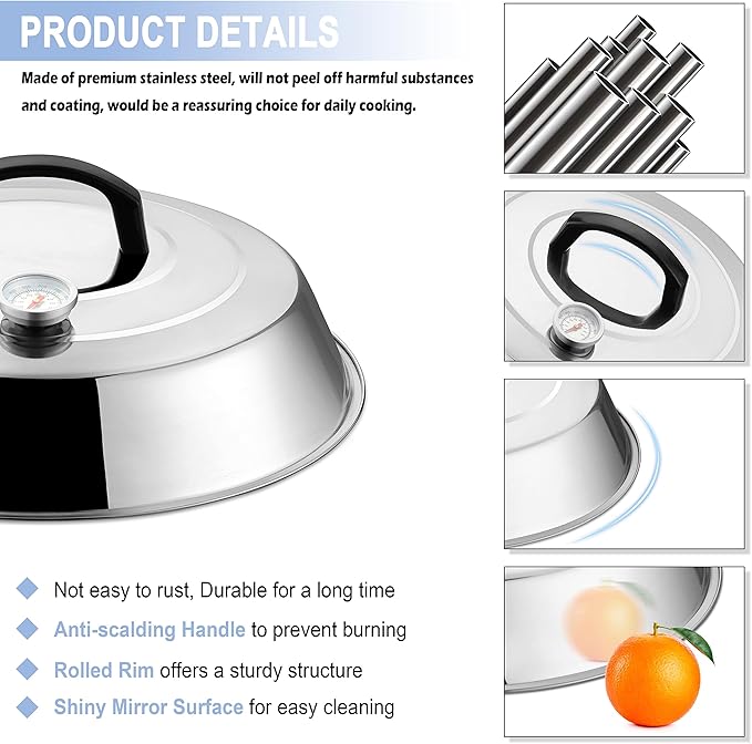 12 Inch Cheese Melting Dome Set of 2, Joyfair Basting Cover for Griddle Grilling Outdoor Camping/Flat Top Teppanyaki, Stainless Steel Lids with Heat-Proof Handle, Dishwasher Safe (with Thermometer)
