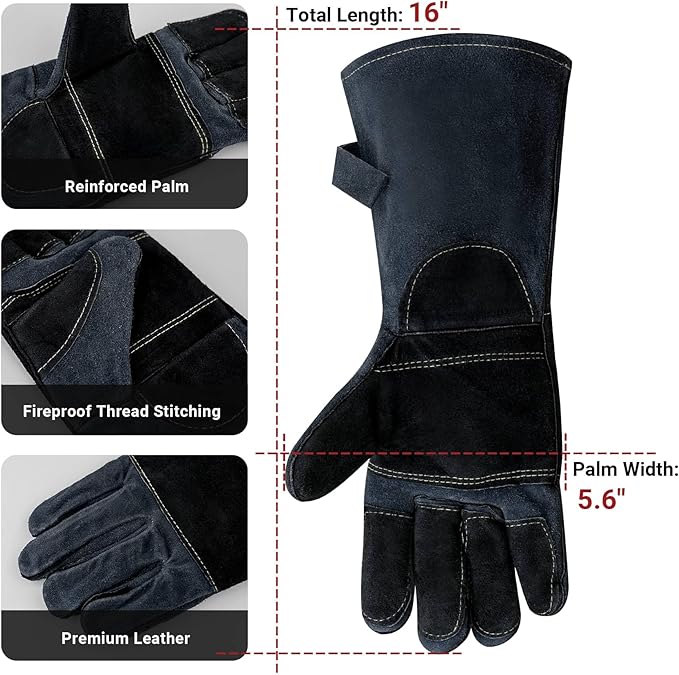 16-Inch Leather Firewood Gloves - Double Layer Full Lining with Fireproof Thread Stitching - for Smokeless Fire Pit Outdoor Cooking, Welding, Bite & Scratch Proof Against Pets - Black, G0301