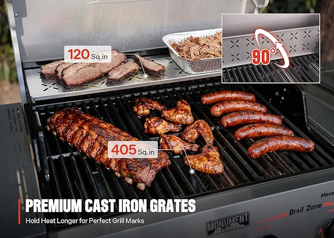 Monument Grills 4+1 Burner Stainless Steel 525 sq.in Propane M2 Gas Grill, 49,000 BTU, 500°F in 5 Mins, Outdoor Patio Grill with Broil Zone, 1 Side Burner, Foldable Side Shelf, with Paper Towel Rack