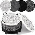 OIAHOMY 8 Pcs Coasters with Holder for Beer, Coffee, Woven Cotton Coaster Set for Table Decor for Kitchen, Bar, Dining Room, Living Room, Housewarming Gifts - Black