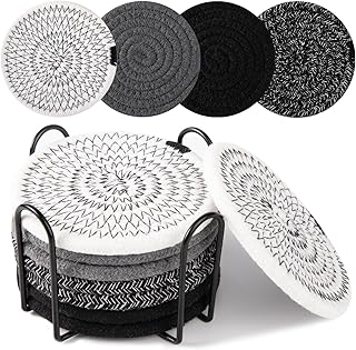 OIAHOMY 8 Pcs Coasters with Holder for Beer, Coffee, Woven Cotton Coaster Set for Table Decor for Kitchen, Bar, Dining Room, Living Room, Housewarming Gifts - Black