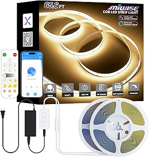 MIWISE COB LED Strip Lights 65.6ft/20m,UL-Listed CRI 90+ Dimmable 3000K Warm White Super Bright,with APP Control/RF Remote,Work with Alexa/Google,for Home/Cabinet/Bedroom/Kitchen DIY Lighting Projects