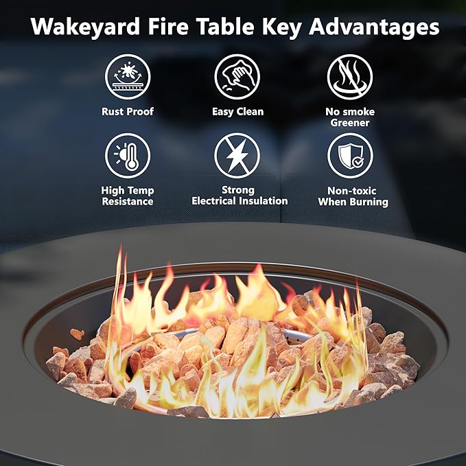 32.5 inch Round Propane Fire Pit, 50000 BTU Gas Fire Pit Table with Steel Lid, Waterproof Cover, 10ft Gas Hose & Gas Tank Base, Lava Rocks, Black