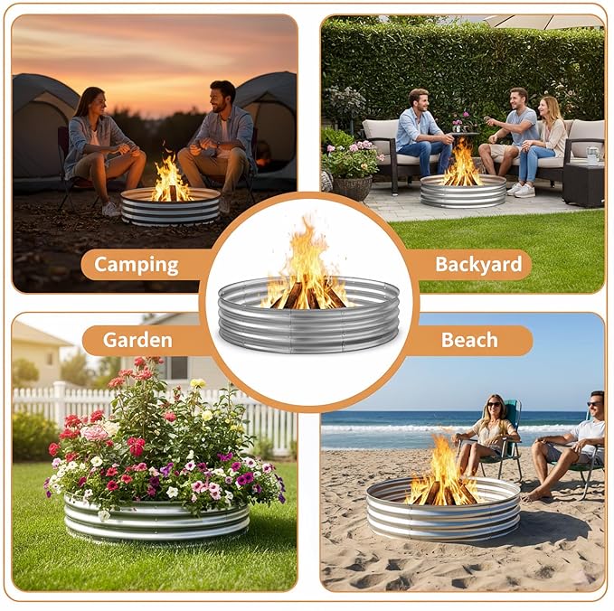 60 Inch Galvanized Steel Fire Pit Ring, 12 Inch Raised Heavy Duty Wood Burning Campfire Ring, Heat Resistant Outdoor Fireplace for Backyard, Patio & Camping