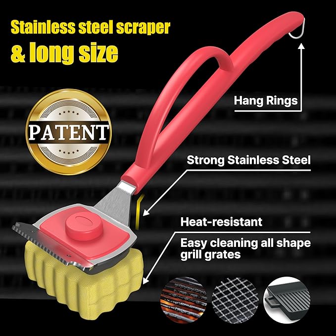 Grill Brush Bristle Free, BBQ Replaceable Cleaning Head with 18" Extended Handle, Unique Seamless-Fit Scraper Tool for Cast Iron/Stainless-Steel Grates, Durable Barbecue Cleaner(Red)