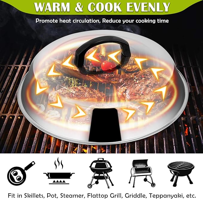 12 Inch Cheese Melting Dome Set of 2, Joyfair Basting Cover for Griddle Grilling Outdoor Camping/Flat Top Teppanyaki, Stainless Steel Lids with Heat-Proof Handle, Dishwasher Safe (No Thermometer)