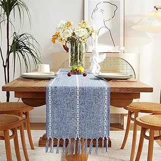 Rustic Farmhouse Style Linen Table Runner, Boho Handmade Tassel Hemstitched Embroidered Table Runners 60 Inches Long for Holiday Party, Dresser and Dining Decorations, 13 x 60 inch - Blue