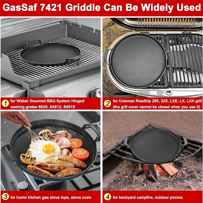 GasSaf 7421 Gourmet BBQ System Griddle for Weber 22 1/2 Inch Original Kettle Premium Charcoal Grills, 22.5'' Smokers, Performer Premium Grills Insert, 12" Round Cast Iron Griddle for 8835 64812 64815