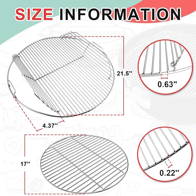 7436 Cooking Grate & 7441 Charcoal Grate Kit for Weber 22/22.5'' Kettle Charcoal Grill, 304 Stainless Steel Grill Grates for One-Touch, Master-Touch, Bar-B-Kettle, Performer, Series Grills Accessories