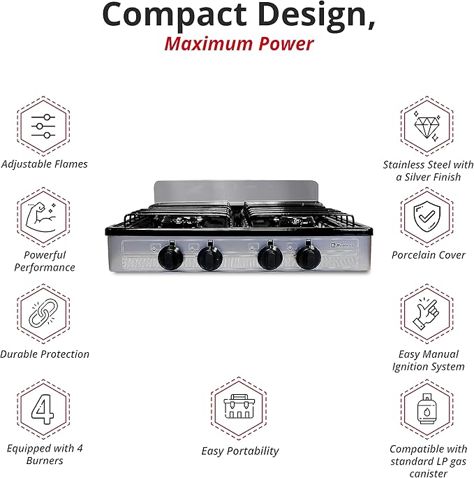 Koblenz PSK-400S 4 Portable Porcelain Cover and Four 16,000 BTU Burners, Stainless Steel Stove for Propane Gas, Silver