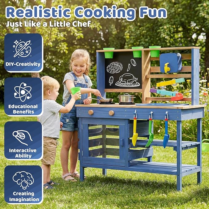 Wooden Outdoor Mud Kitchen for Kids, Pretend Play Kitchen Playset with Removable Sink, Faucet, Stove Top, Planting Area & Cooking Accessories, Toddler Gift for Boys Girls Ages 3+ (Blue)