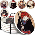 Ninja Cat Coasters - Anime Cat Decor - Set of 6 Drink Coasters with Holder, Funny Coasters, Anime Gifts for Men