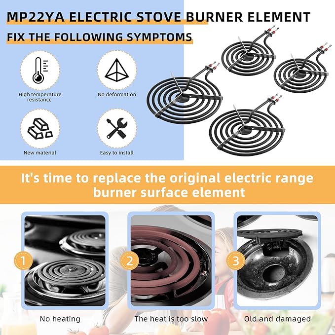 Upgraded MP22YA Electric Stove/Range Burner Element Unit Set 2 pcs MP15YA 6" and 2 pcs MP21YA 8" Stove Burners Replacement Fit for Whirl-pool,Ken-more,May-tag,Hard-wick Range/Stoves by AMI PARTS