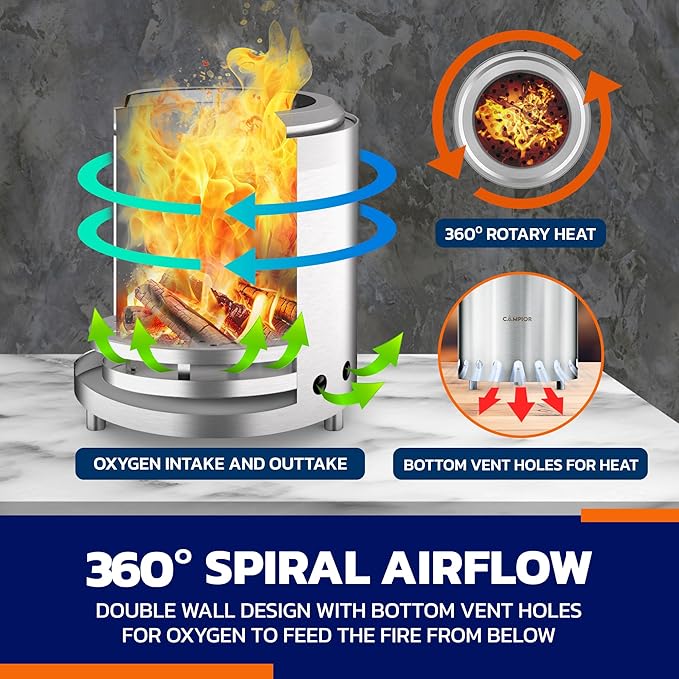 CAMPIOR Wood Burning Fire Pit Stove - Smokeless Outdoor Stove for Wood Fires, Camping, Cooking, and Garden Gatherings, Durable, Stainless Steel with Removable Ash Pan, with Stand and Black Carry Bag