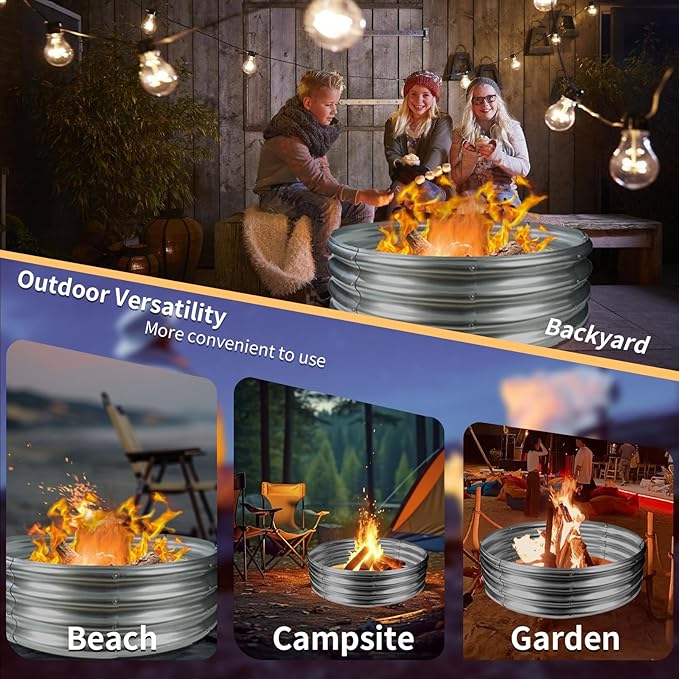YSEJOMP 48 Inch Round Galvanized Fire Pit Ring/Fire Ring - Foldable and Perfect for Outdoor Gatherings and Campfires in The Yard/Garden/Park/Beach (4 FT Diameter, Silver)