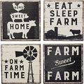 Primitives by Kathy Set of 4 Absorbent Stone Coasters, Rustic Farmhouse Coaster Designs, Farm Sweet Farm, Includes Wire Holder, Slatted Wood Style with Distressed Details, 4 by 4 Inches Each