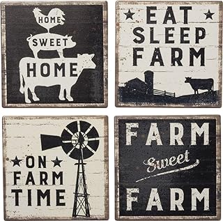 Primitives by Kathy Set of 4 Absorbent Stone Coasters, Rustic Farmhouse Coaster Designs, Farm Sweet Farm, Includes Wire Holder, Slatted Wood Style with Distressed Details, 4 by 4 Inches Each