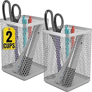Large Pen Holder, Big Tall Pencil Cup, Silver Wire Mesh ''2 Pack''