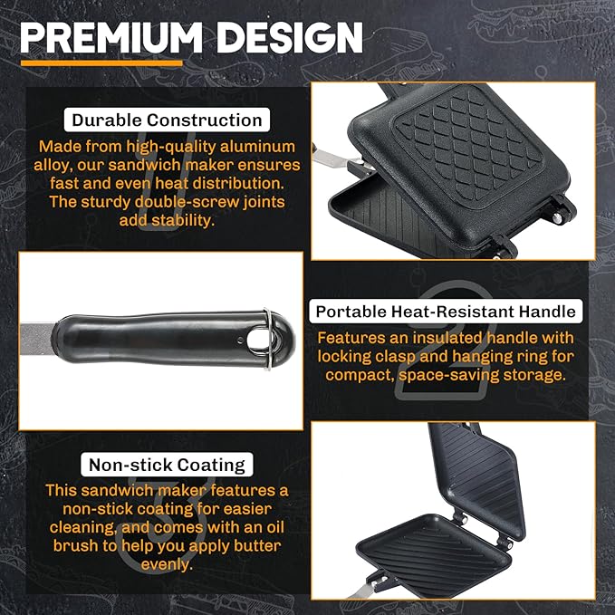 NATGAI Sandwich Maker Pan, Grilled Panini Press with Non-Stick Double Sided Flip Frying Pan, Stovetop Toasted Cheese Sandwich Maker for Home Kitchen Breakfast Camping, 5.9" L x 14" H