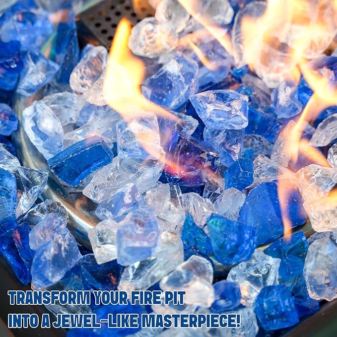Mr. Fireglass Crushed Fire Glass for Natural or Propane Fire Pit, 10 Pounds Decorative Recycled Fireplace Glass Rocks for Fire Pit Fireplace and Landscaping, High Luster Sea Blue and Ice Clear