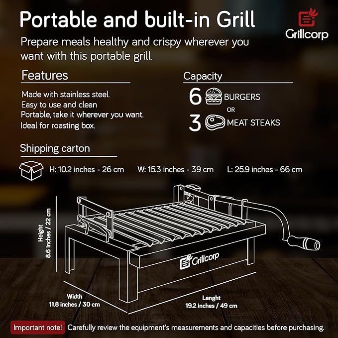 Junior Argentine Grill – Portable & Built-in 100% Stainless Steel BBQ with Lifting System & Drip Pan – Fits Junior Grillcorp Roasting Box – Outdoor Cooking & Camping Accessory