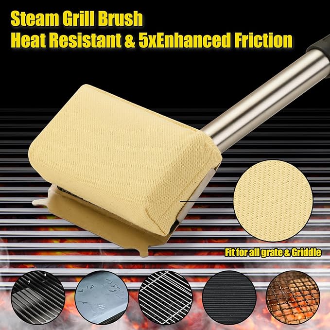 Bristle-Free Steam Grill Brush for Outdoor Barbecue, Safe for Cast Iron Grates, Includes Replacement Pads