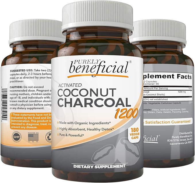 PURELY beneficial Activated Coconut Charcoal 1200mg, 180 Capsules - Pills for Digestive System, Bloating, Vegan (1bottle)
