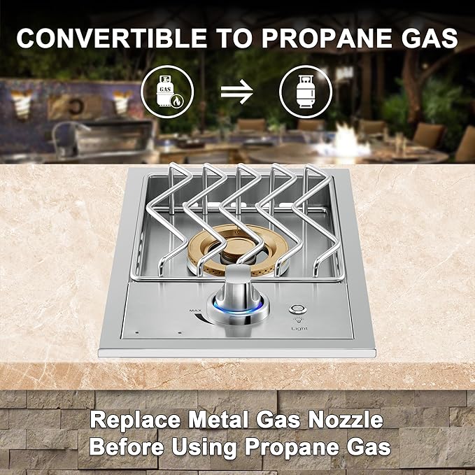 Single Grilling Side Burners for Outdoor Grill, 17,500BTU Natural Gas Side Burner with Liquid Propane Kit, Sturdy 304 Stainless Steel, Drop-in Side Burner for Outdoor Kitchen BBQ Island