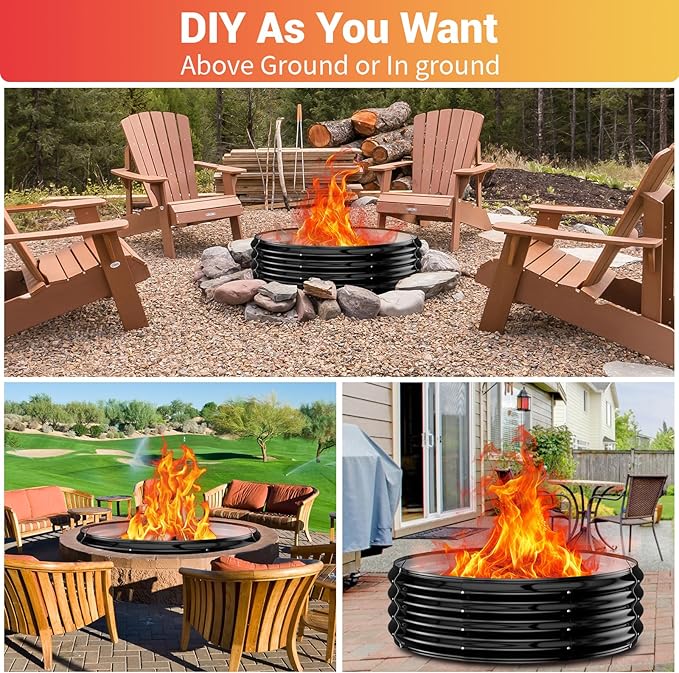 60 Inch Extra Large Fire Pit Ring for Outside, Heavy Duty Wood Burning Firepits & Outdoor Fireplace,12'' Tall High Heat Resistant Fire Bowl Galvanized Steel Portable for Backyard Bonfire,Patio,Camping