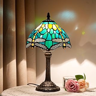 Tiffany Lamp Style Stained Glass Table Lamp Teal Dragonfly Green Bedroom Bedside Light for Office Dorm Bar Decor Retro Unique Cute fun Small Night Light Gift Aesthetic Accent Village Nightstand Lamps